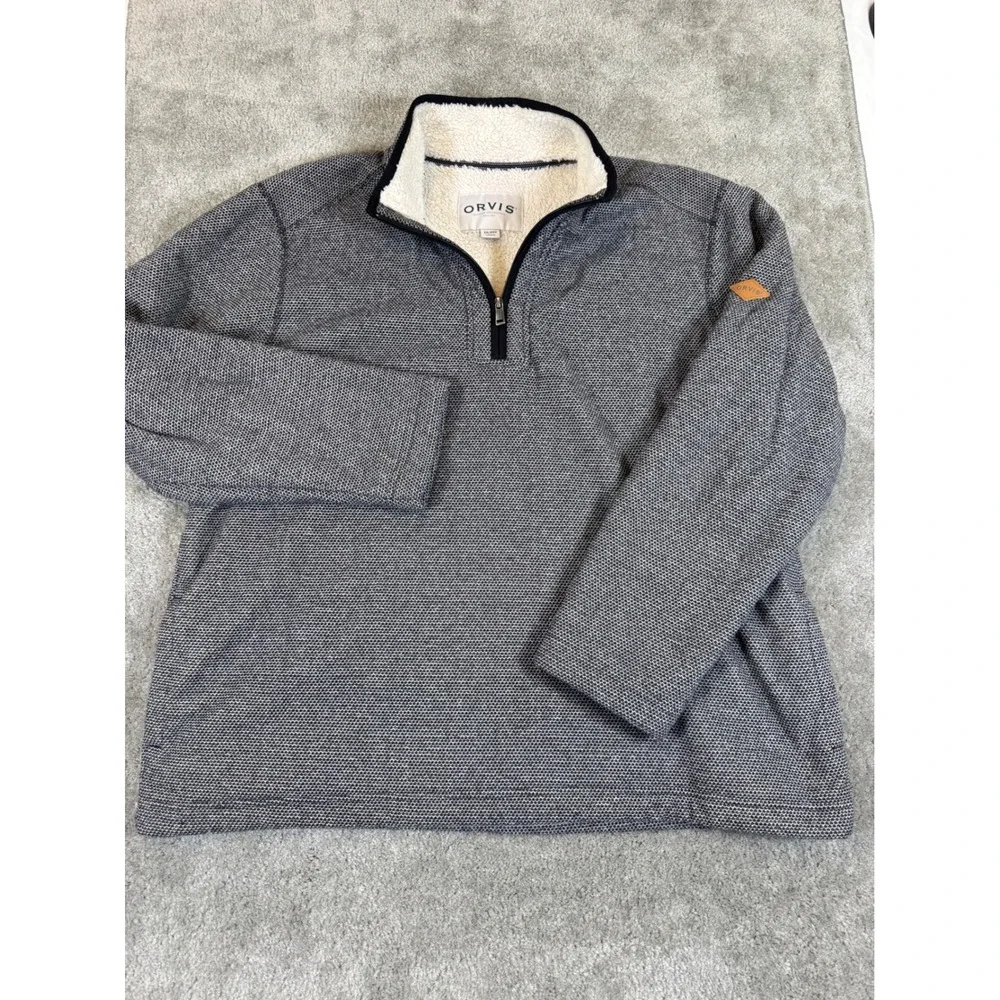 Orvis Mens XXL Quarter Zip Sherpa Lined Fleece Pullover Jacket Grey Textured